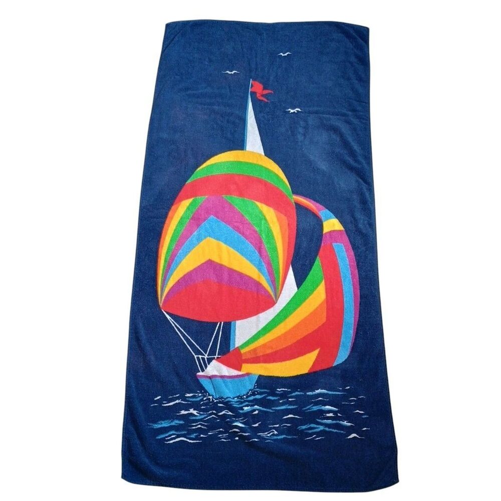 Vintage Hilasal Sailboat Nautical Beach Towel 26.5"x56” Ocean Sailing Colorful
